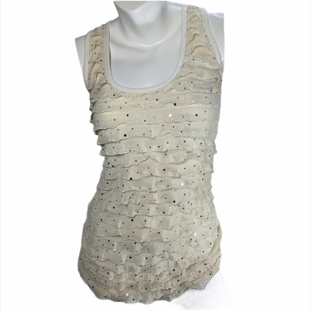 Thanx Collection Small Cream Ruffle Tank Top Sequins
